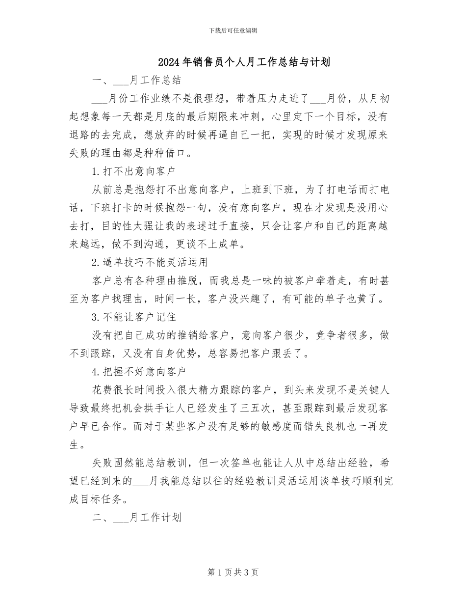 2024年销售员个人月工作总结与计划_第1页