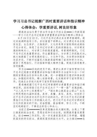 学习习总书记视察广西时重要讲话和指示精神心得体会：学重要讲话,树良好形象