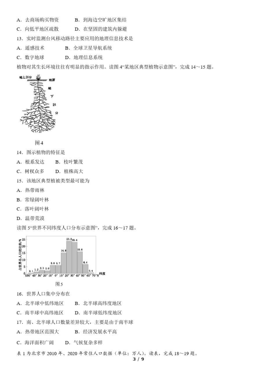 2022年北京市第一次普通高中学业水平合格性考试地理试卷(word版,含答案)_第3页