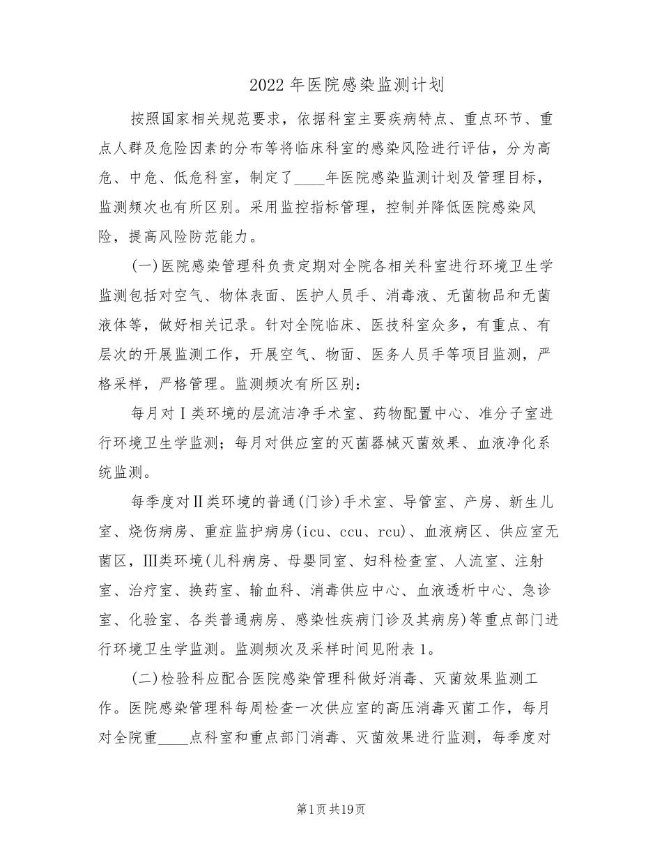2022年医院感染监测计划(5篇)_第1页