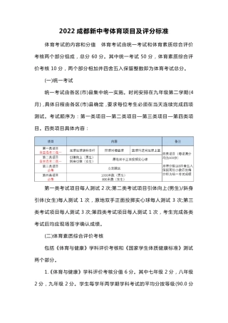 2022成都新中考体育项目及评分标准