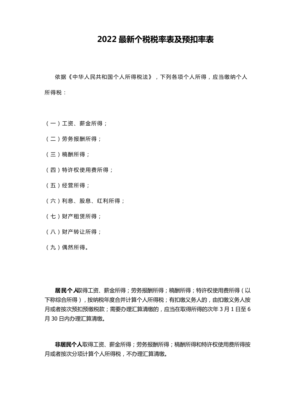 2022最新个税税率表及预扣率表_第1页