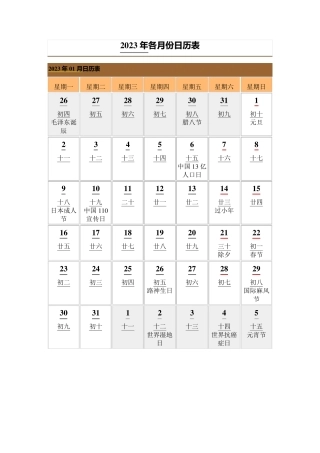 2023年日历表(含农历、节日),可复制、编辑