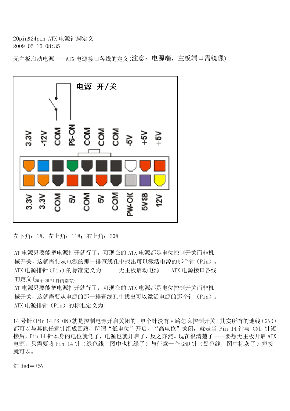 20pinamp;24pinATX电源针脚定义_第1页