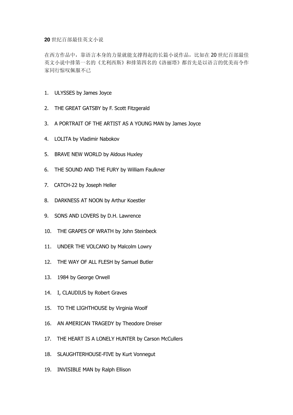 20世纪百部最佳英文小说_第1页