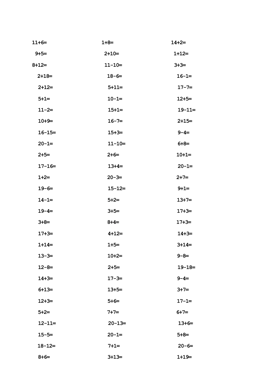 20以内加减法口算题(1000道)_第1页