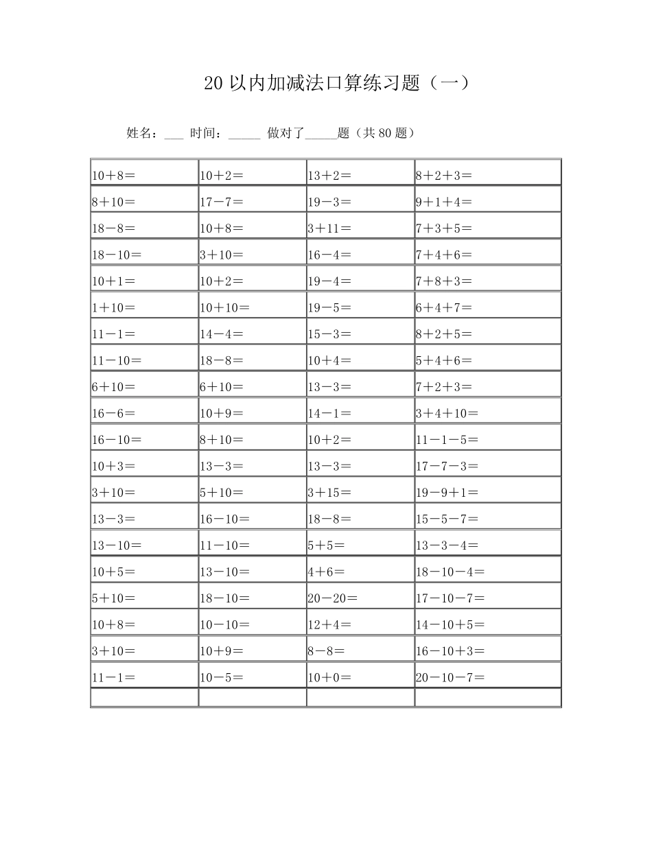 20以内的加减法练习题100道_第1页