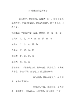 27种脉象的分类概括
