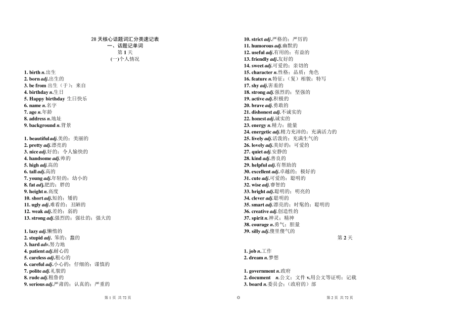 28天核心话题词汇分类速记表_第1页