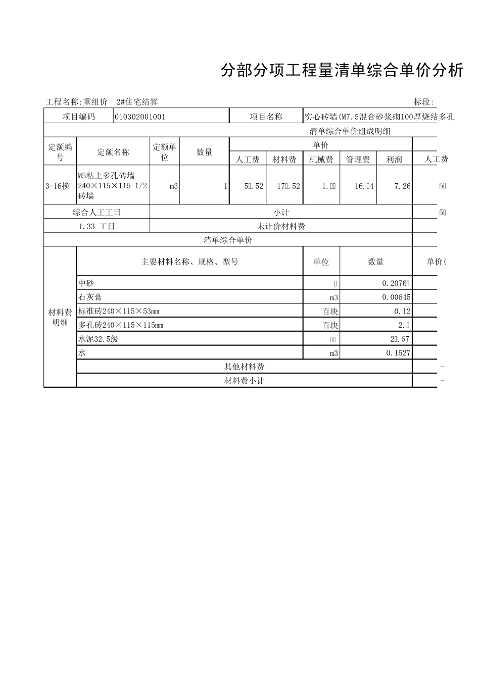 2住宅重组价综合单价分析表_第1页