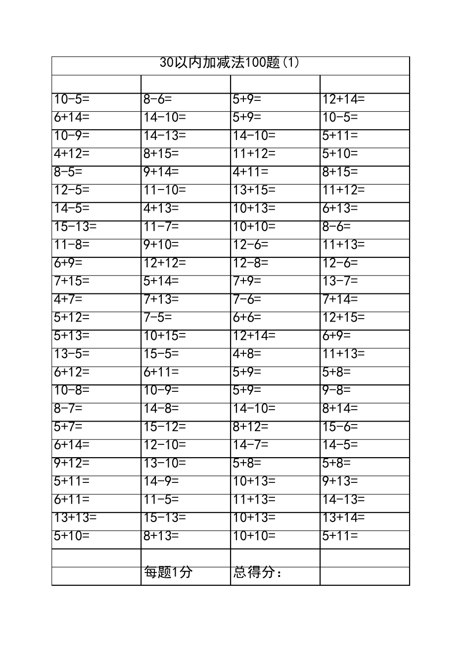 30以内加减法10套_第1页