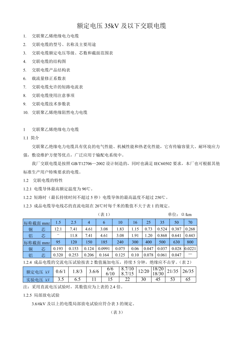 35KV以下交联电缆技术参数_第1页