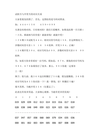 3D试机号与开奖号的对应关系