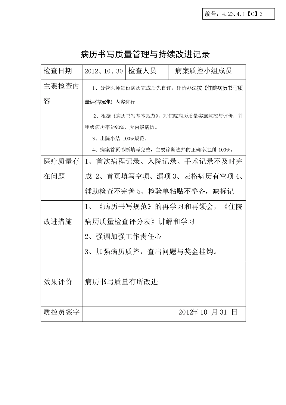 4.23.2.1(B4)病历书写质量管理与持续改进记录_第1页