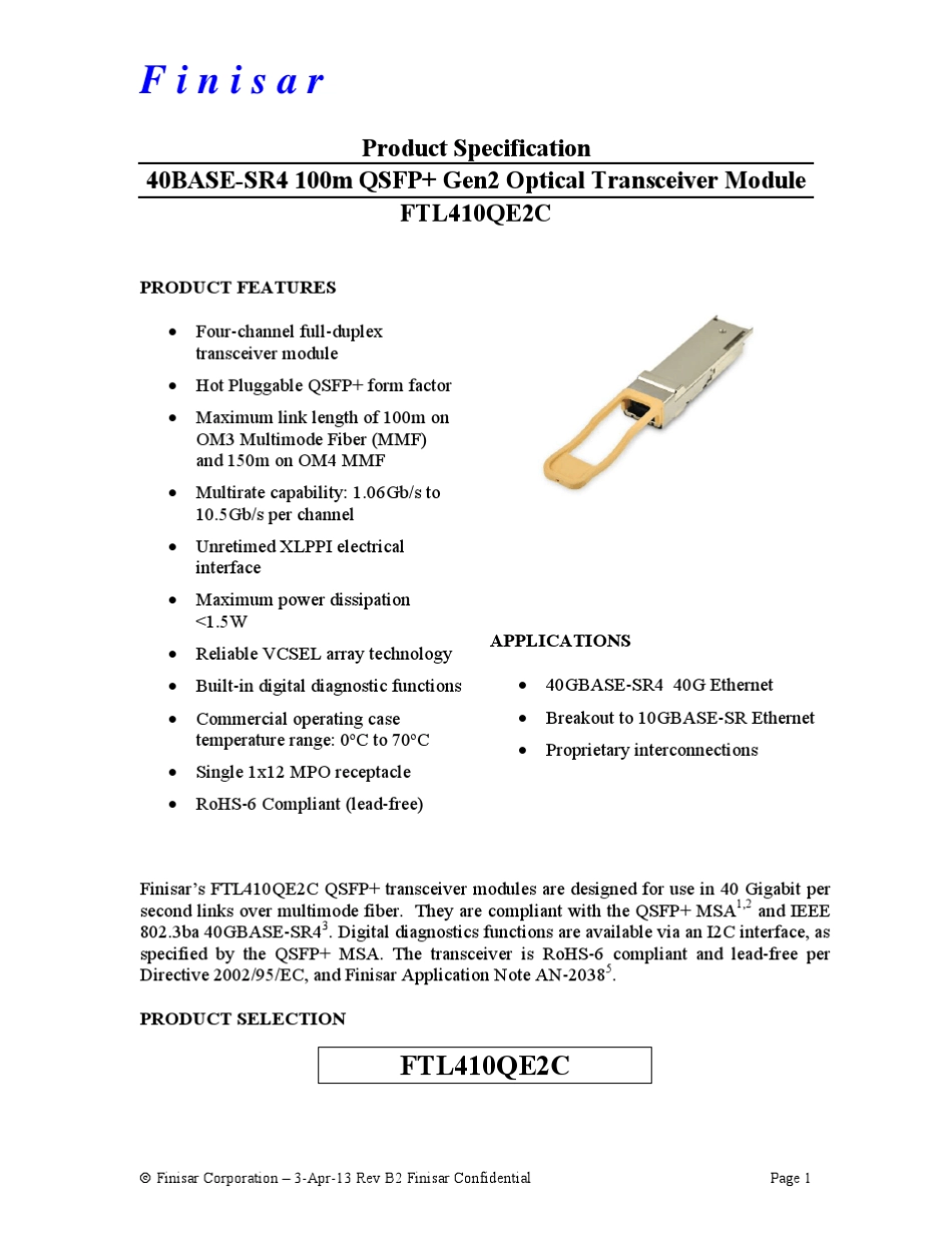 40GQSFP+光模块(FTL410QE2CProductSpecRevB2)_第1页