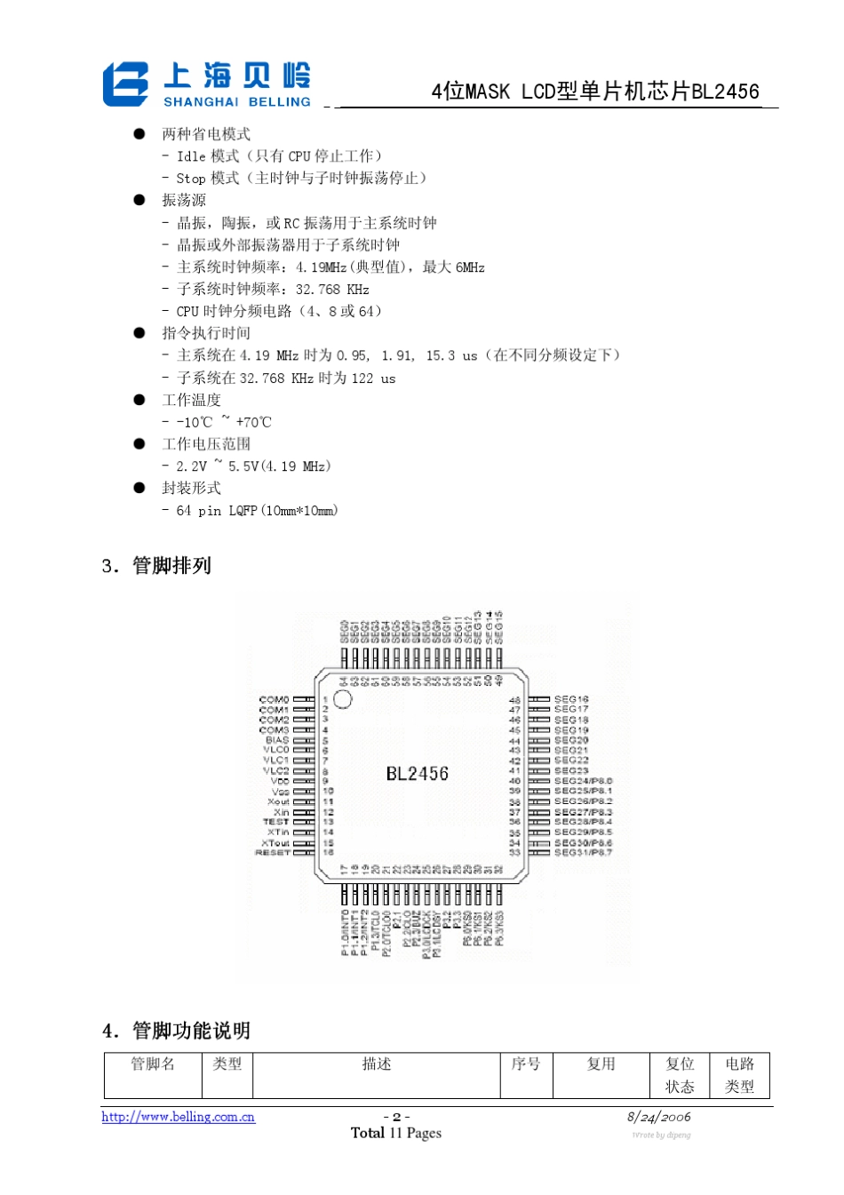 4位MASKLCD型单片机芯片BL2456_第2页