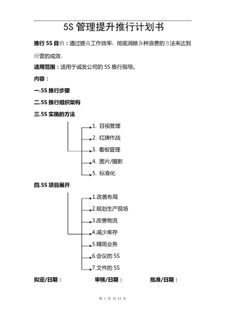5S管理提升推行计划书
