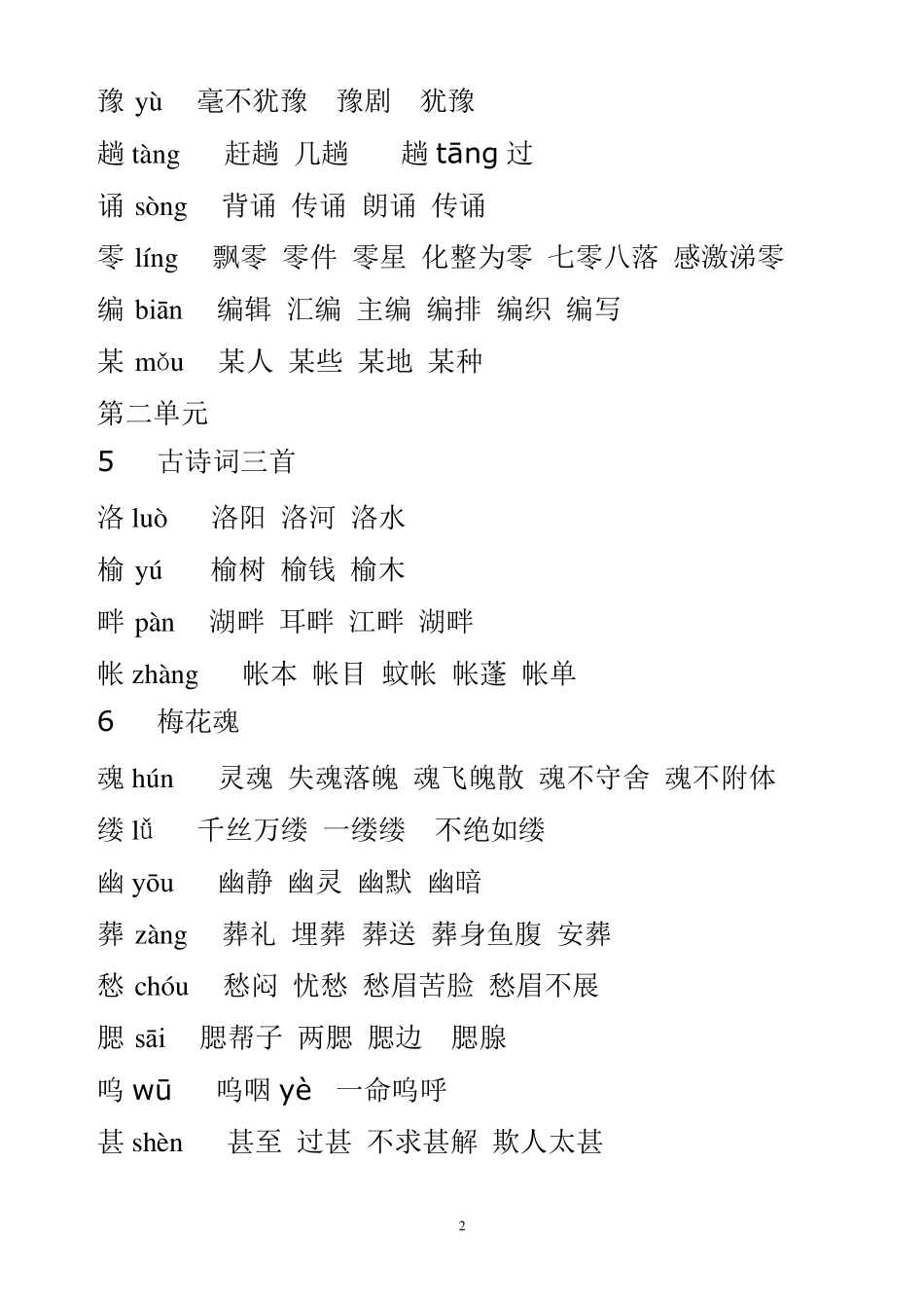 5人教版五年级语文上册生字拼音组词_第2页