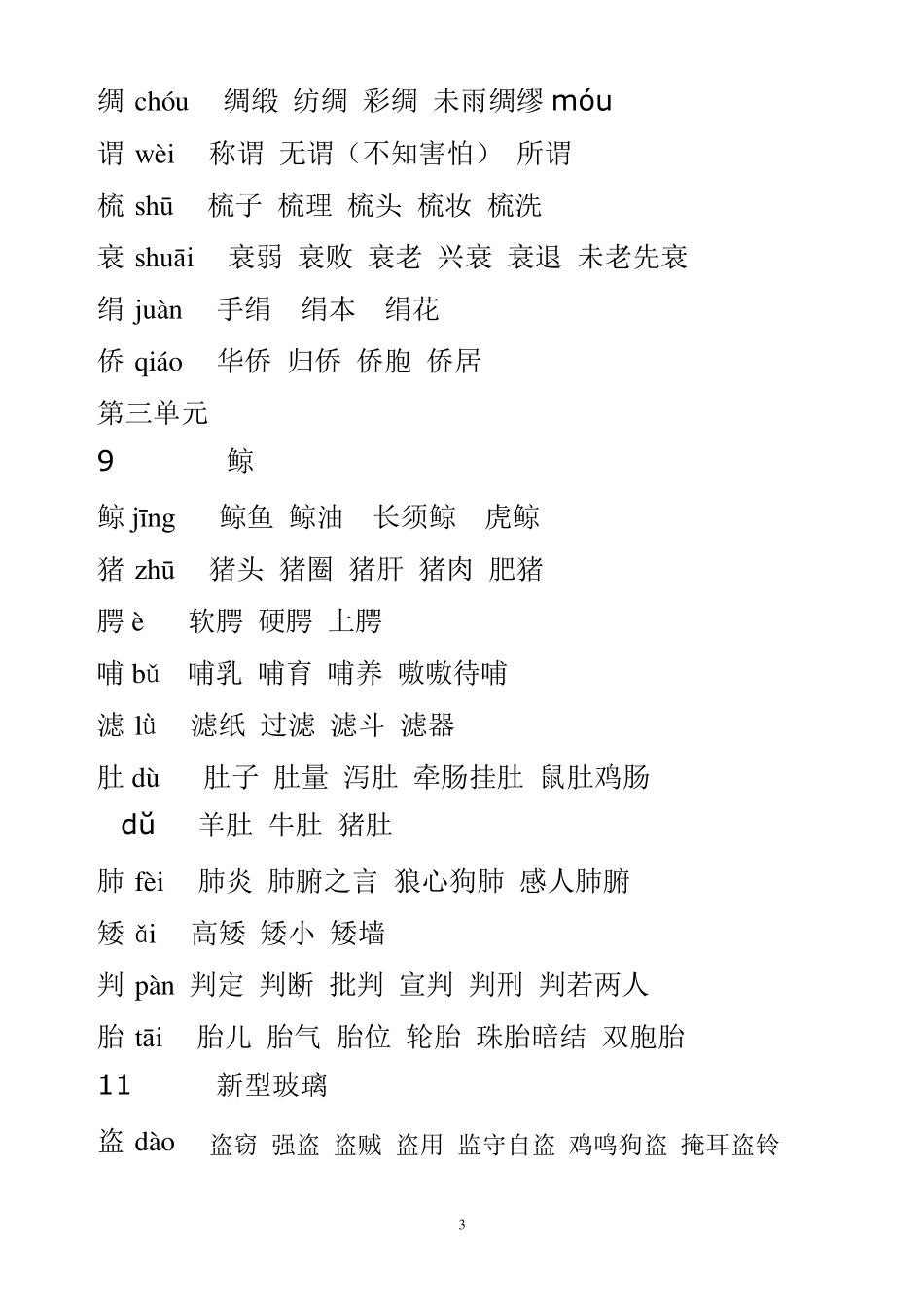 5人教版五年级语文上册生字拼音组词_第3页