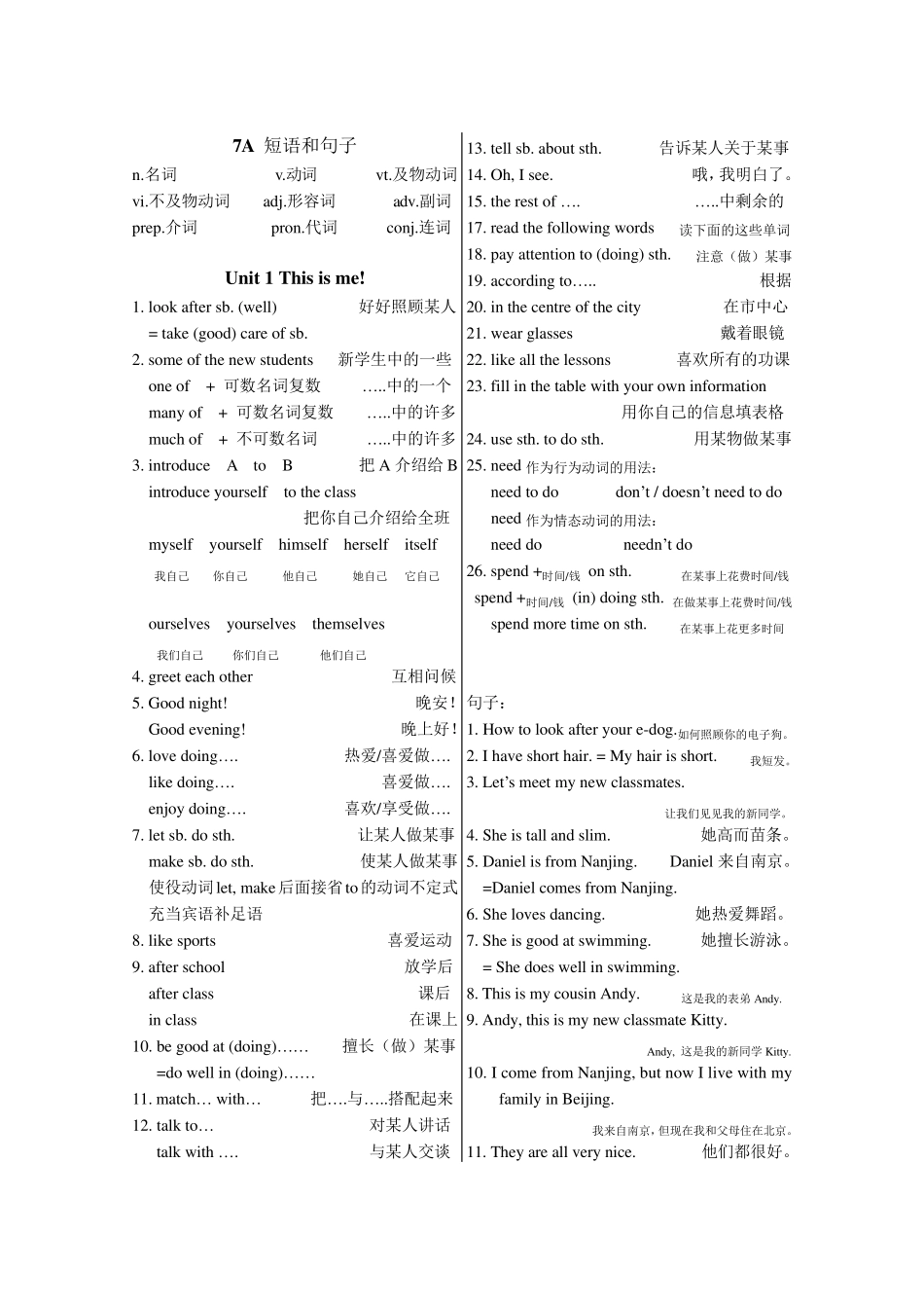 7A牛津译林版各单元重点知识点_第1页