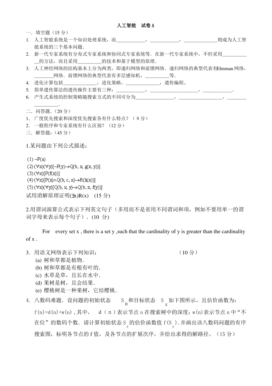 太原理工大学人工智能试题+答案_第1页