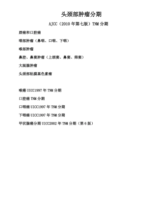 头颈部肿瘤AJCC2010年第七版TNM分期