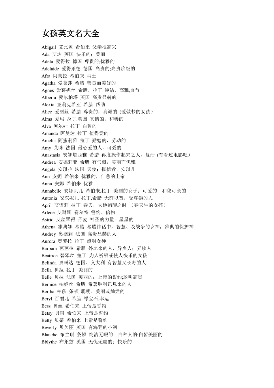 女孩英文名大全_第1页