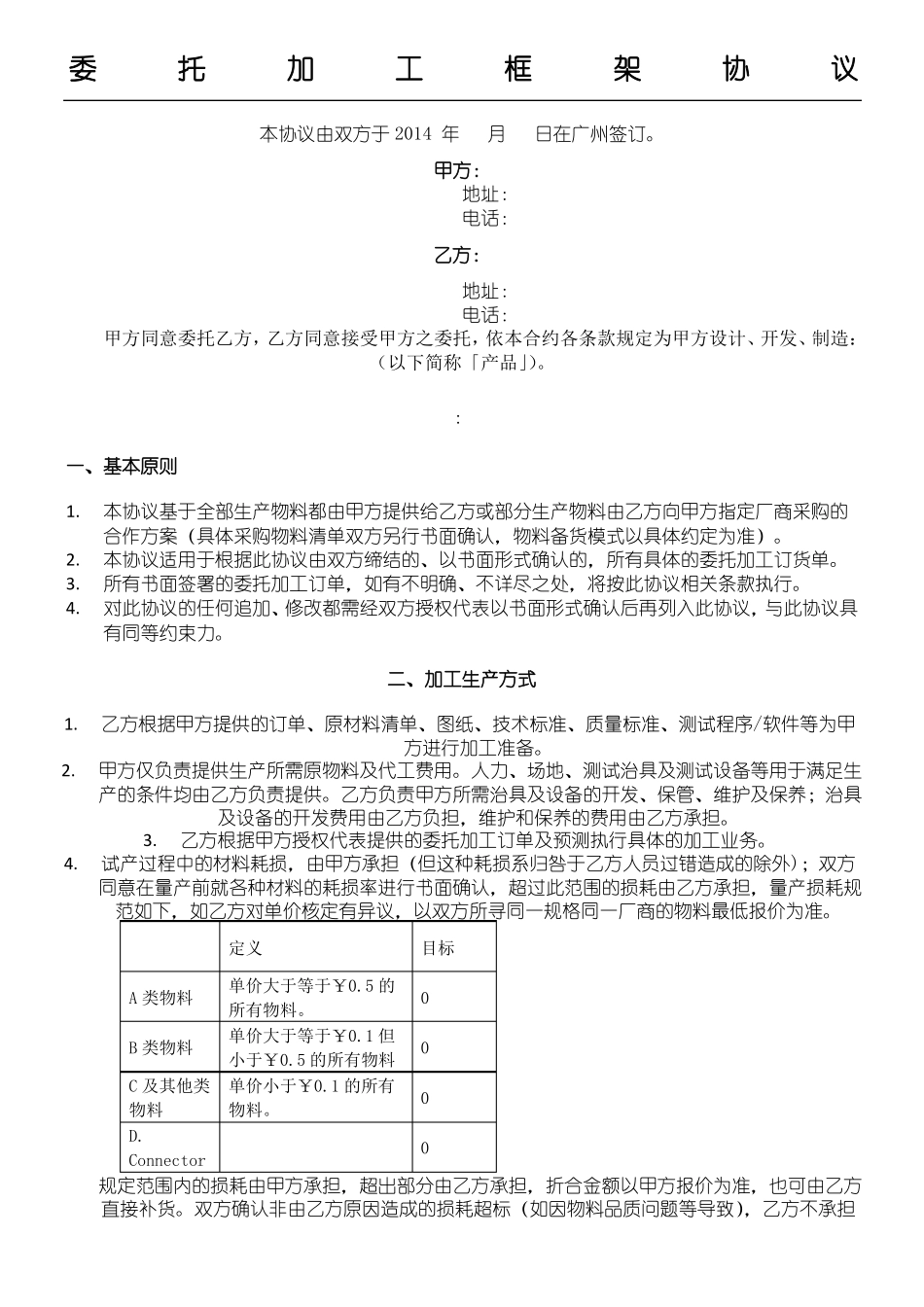 委托加工框架协议模板_第1页
