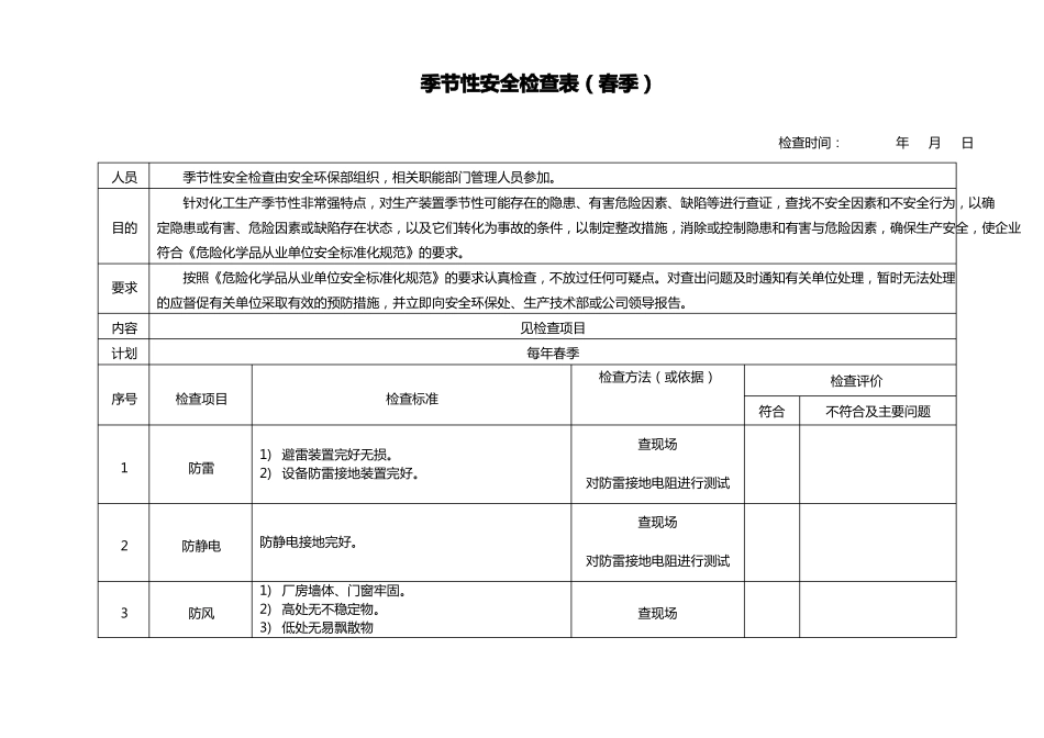 季节性安全检查表春夏秋冬4季4表_第1页