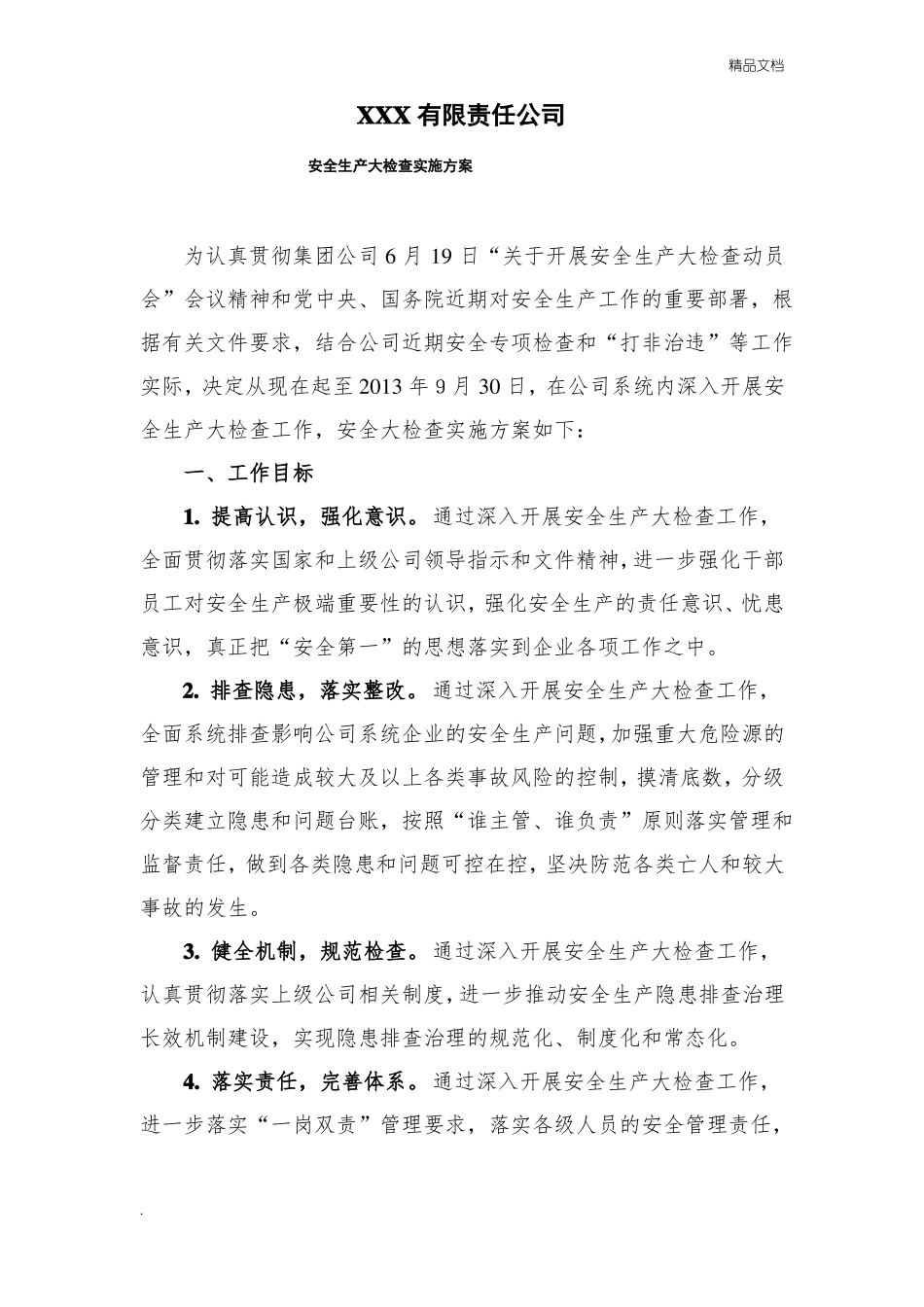 安全生产大检查实施方案模板_第1页