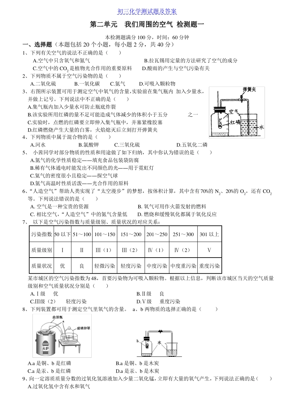 完整初中化学我们周围的空气测试练习题及答案_第1页