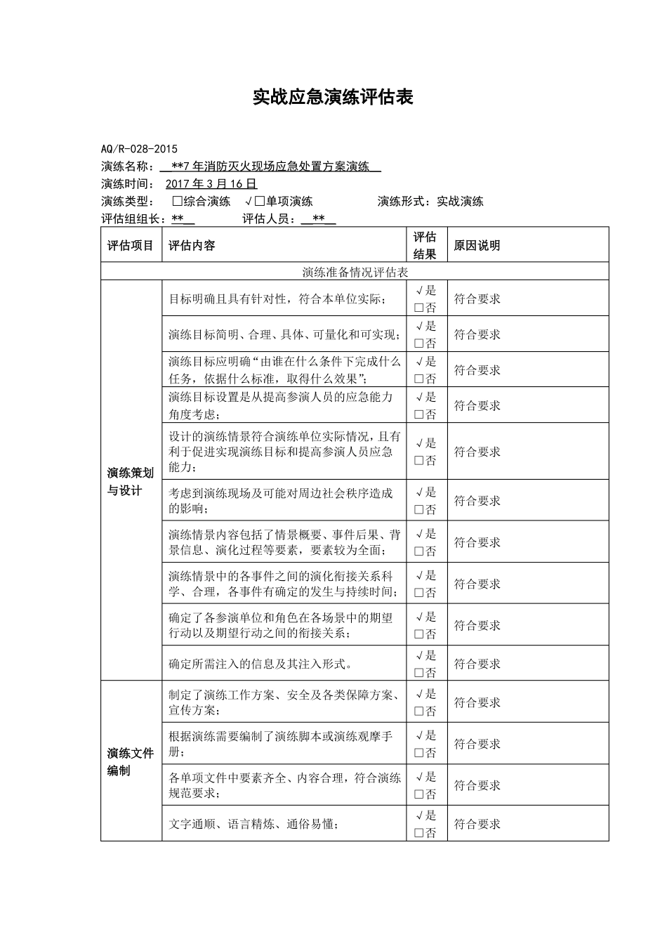 完整初期火灾扑救应急演练及评价表_第1页