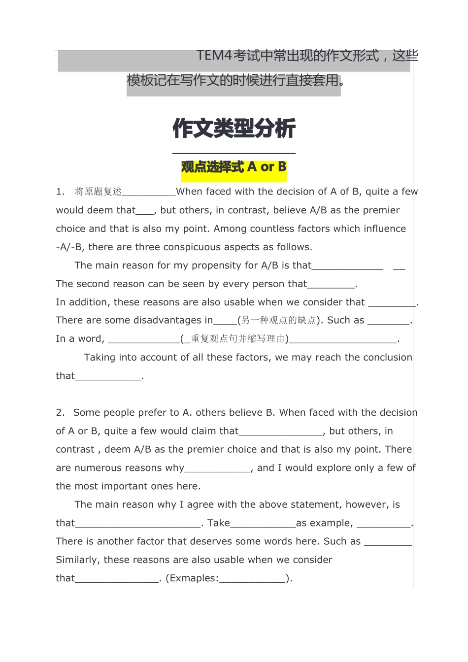 完整版大学英语专业四级TEM4作文模板_第1页