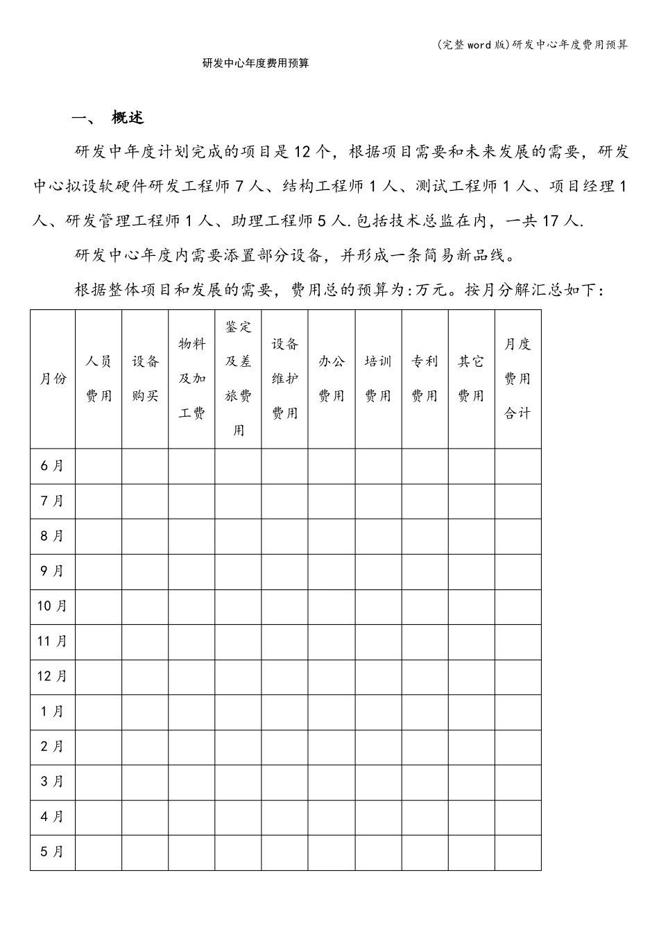 完整版研发中心年费用预算_第1页