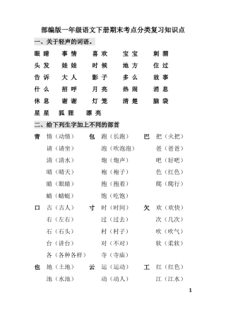完整版部编版一年级语文下册期末考点分类复习知识点总归纳文档良心出品