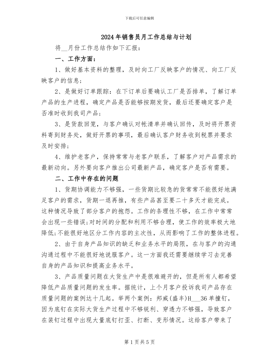2024年销售员月工作总结与计划_第1页