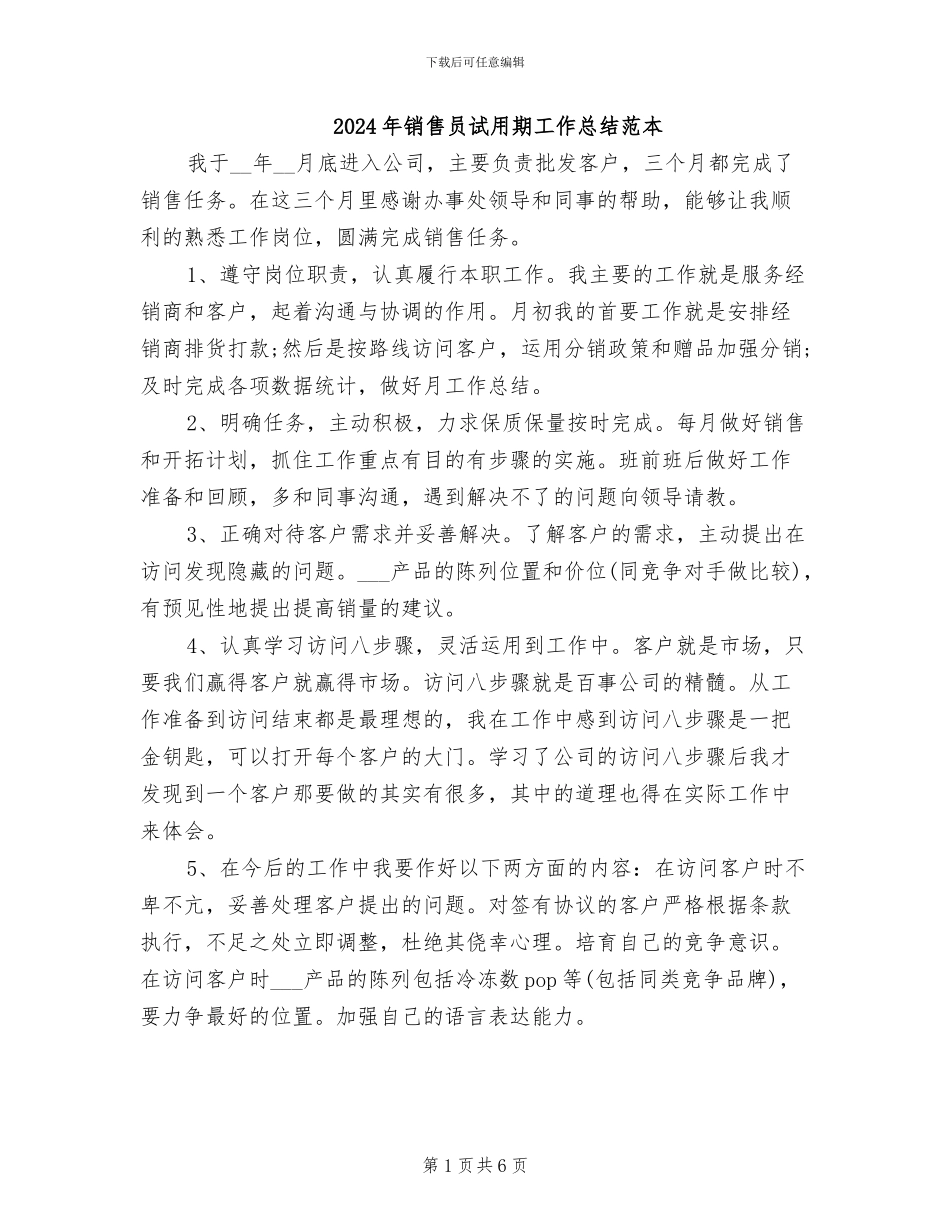 2024年销售员试用期工作总结范本_第1页
