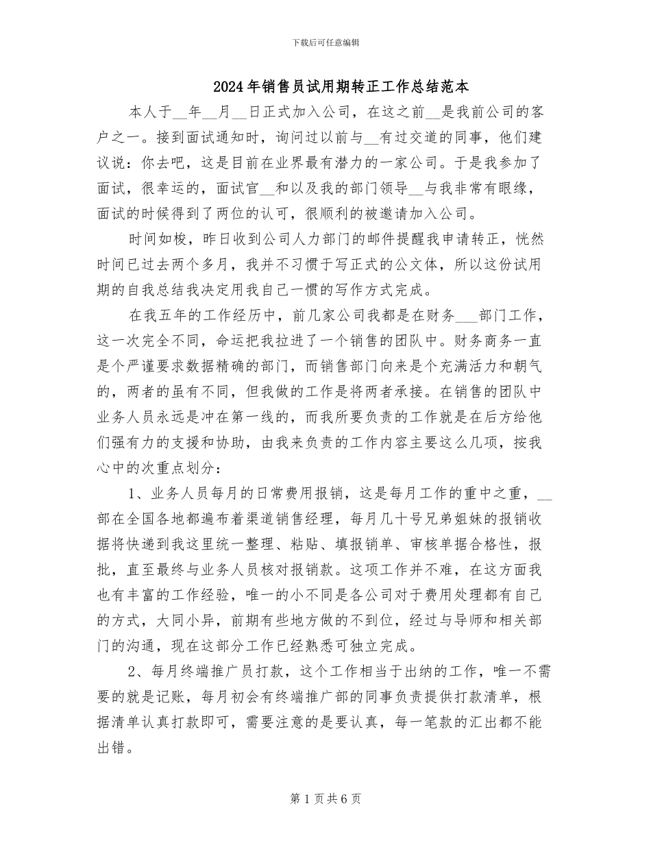 2024年销售员试用期转正工作总结范本_第1页