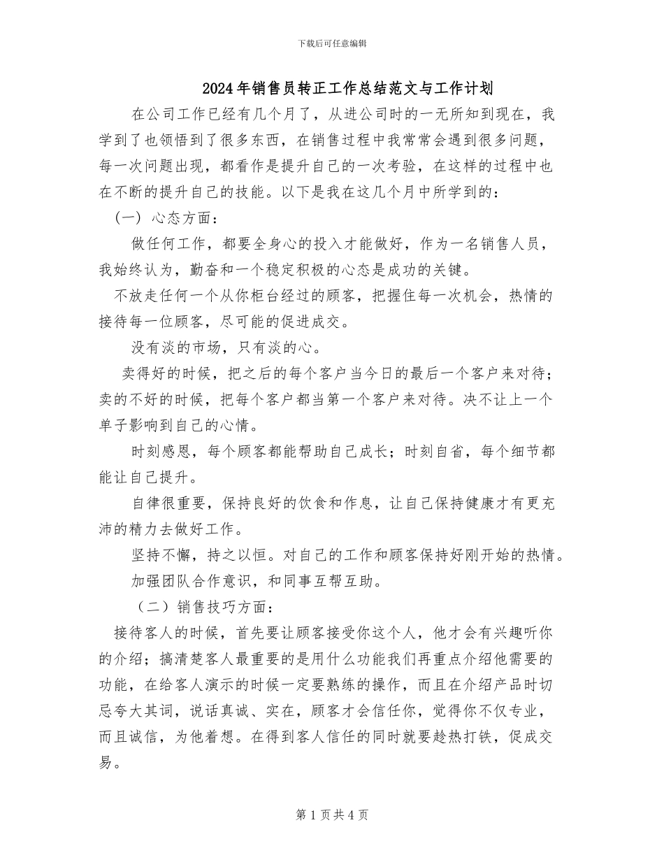 2024年销售员转正工作总结范文与工作计划_第1页