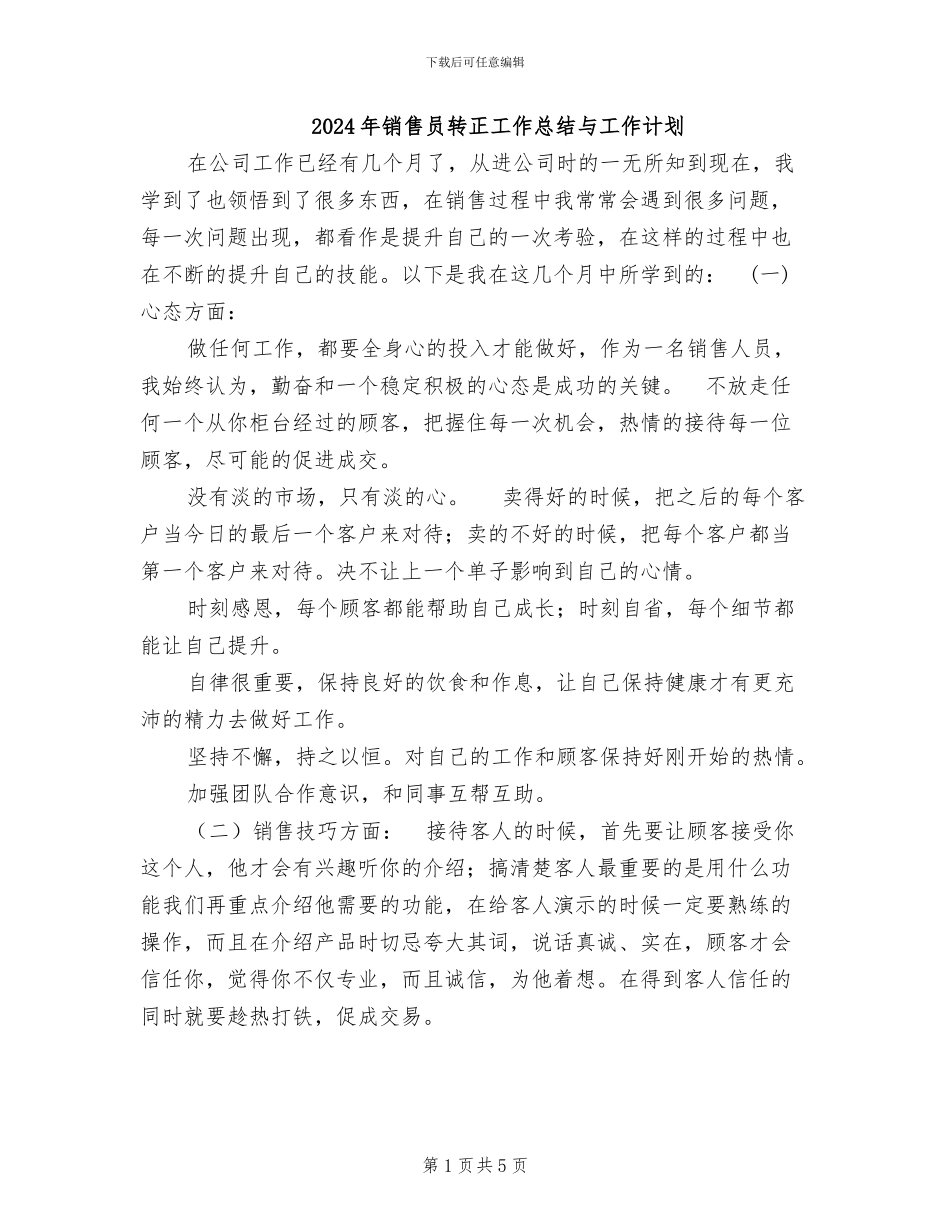 2024年销售员转正工作总结与工作计划_第1页