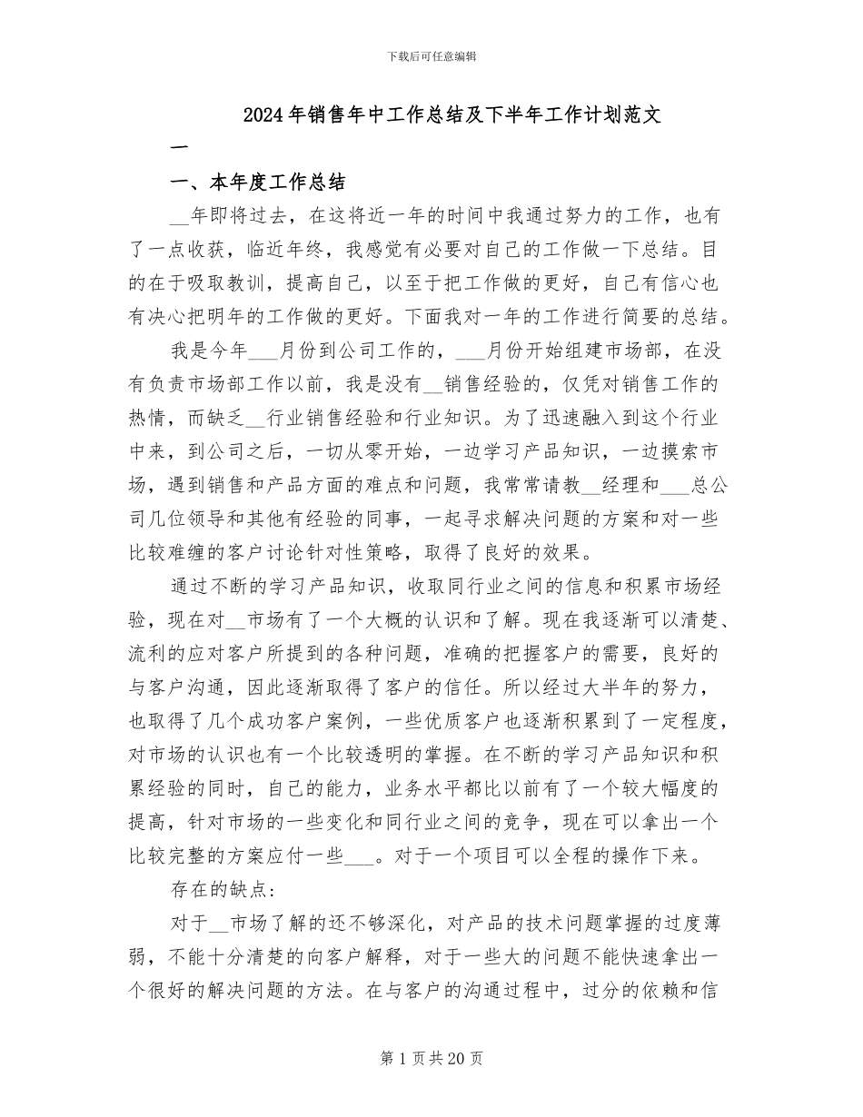 2024年销售年中工作总结及下半年工作计划范文_第1页