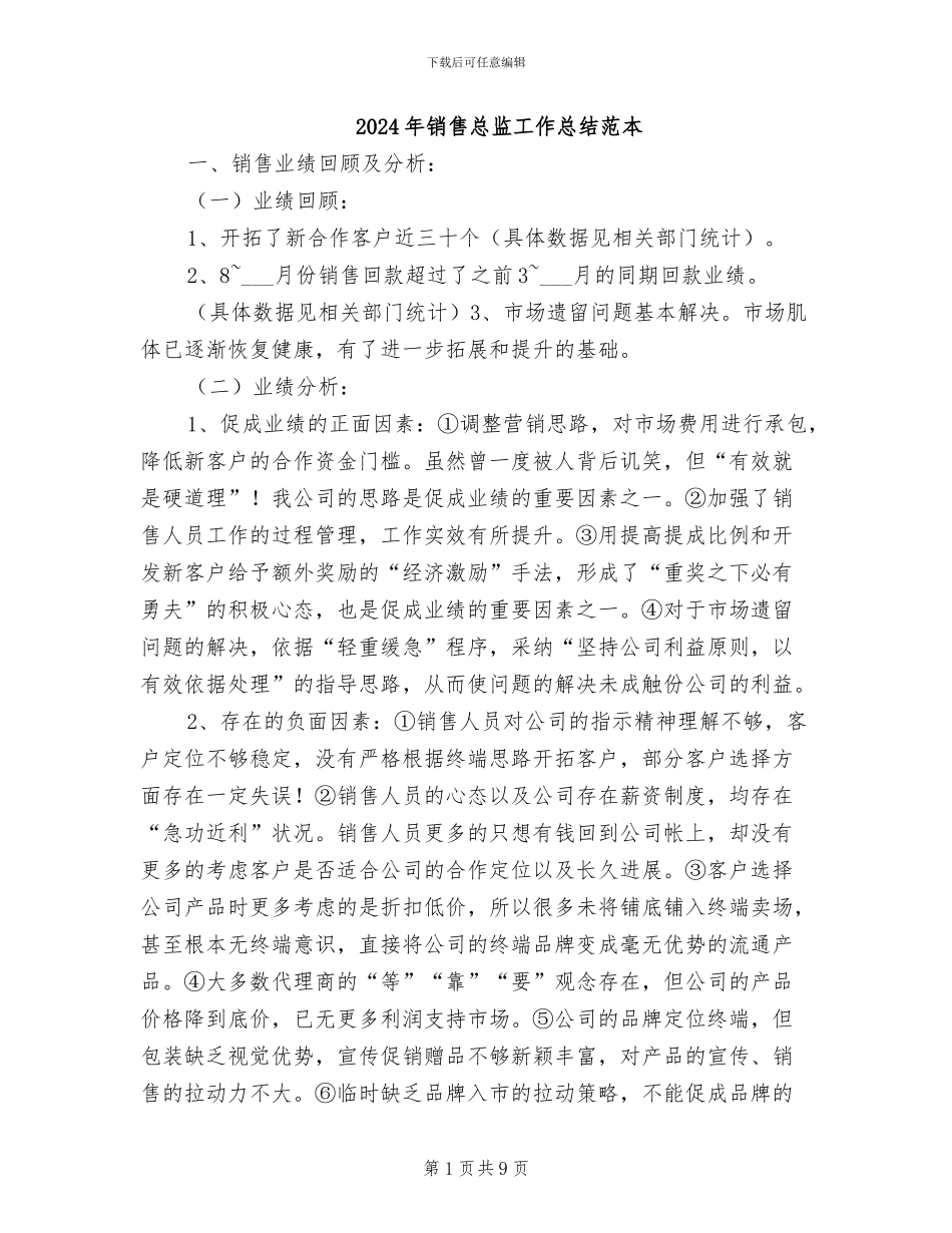 2024年销售总监工作总结范本_第1页