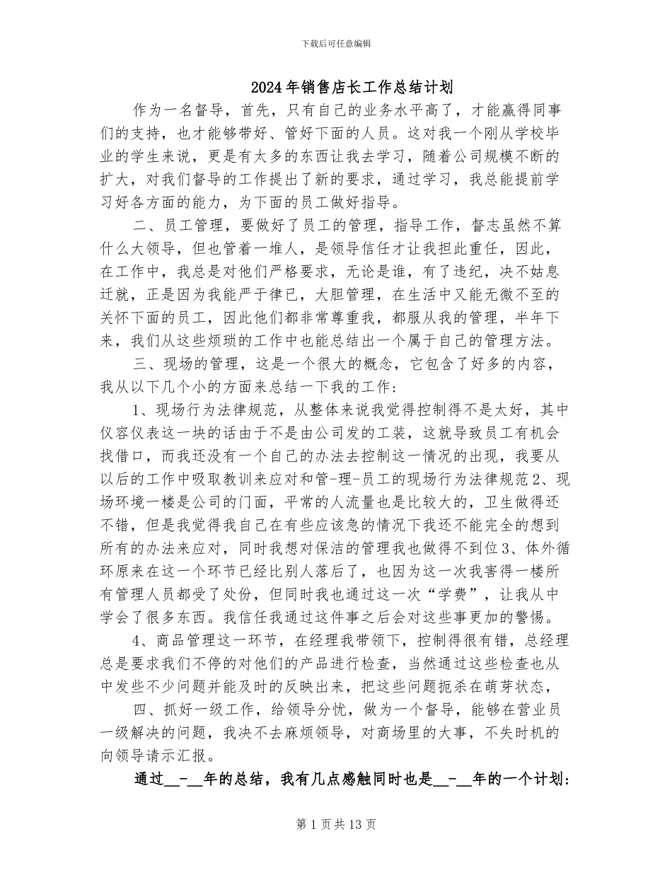 2024年销售店长工作总结计划_第1页