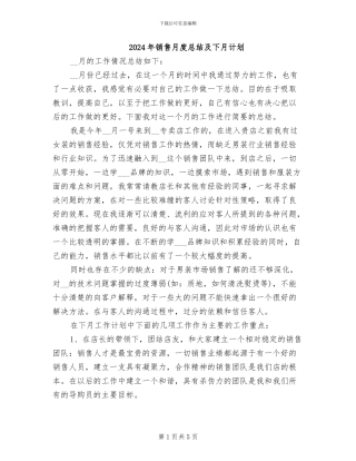 2024年销售月度总结及下月计划