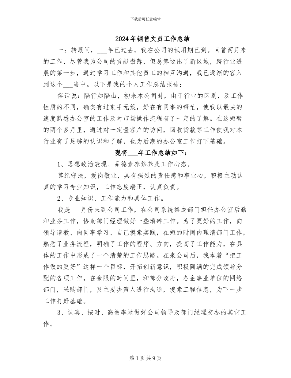 2024年销售文员工作总结_第1页