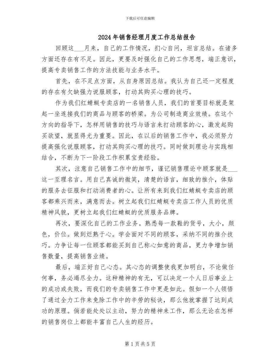 2024年销售经理月度工作总结报告_第1页