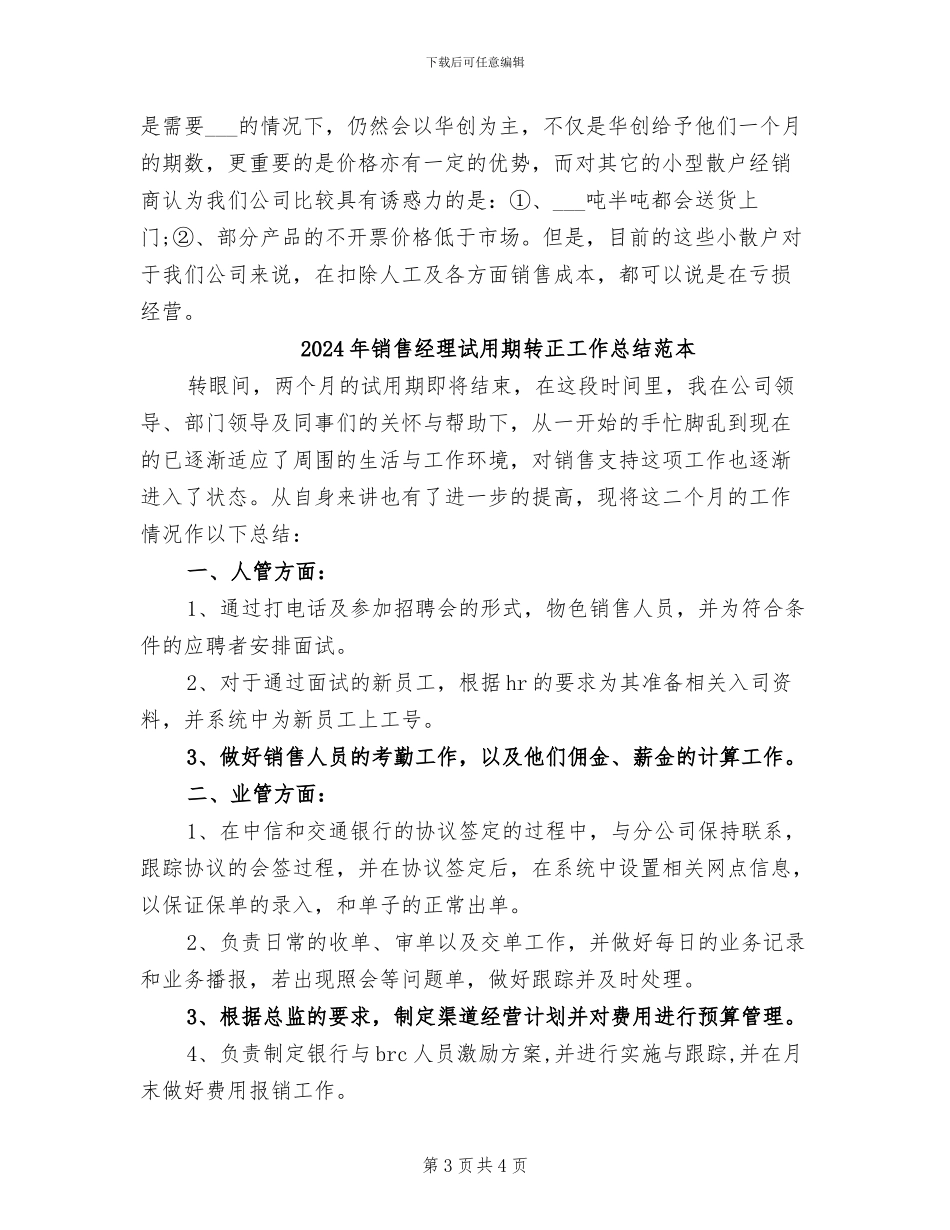 2024年销售经理试用期转正工作总结范文_第3页