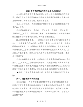 2024年销售经理试用期转正工作总结范文