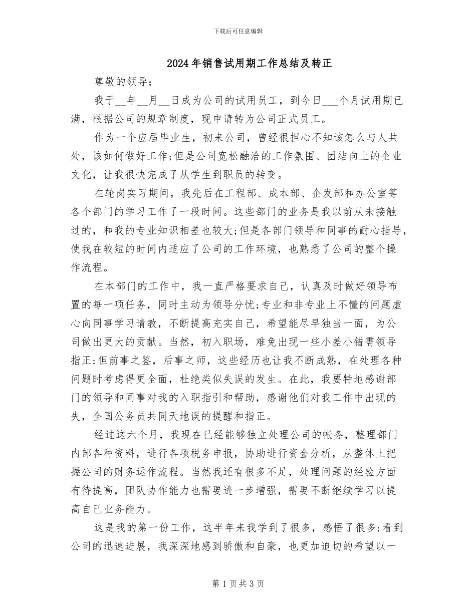 2024年销售试用期工作总结及转正_第1页