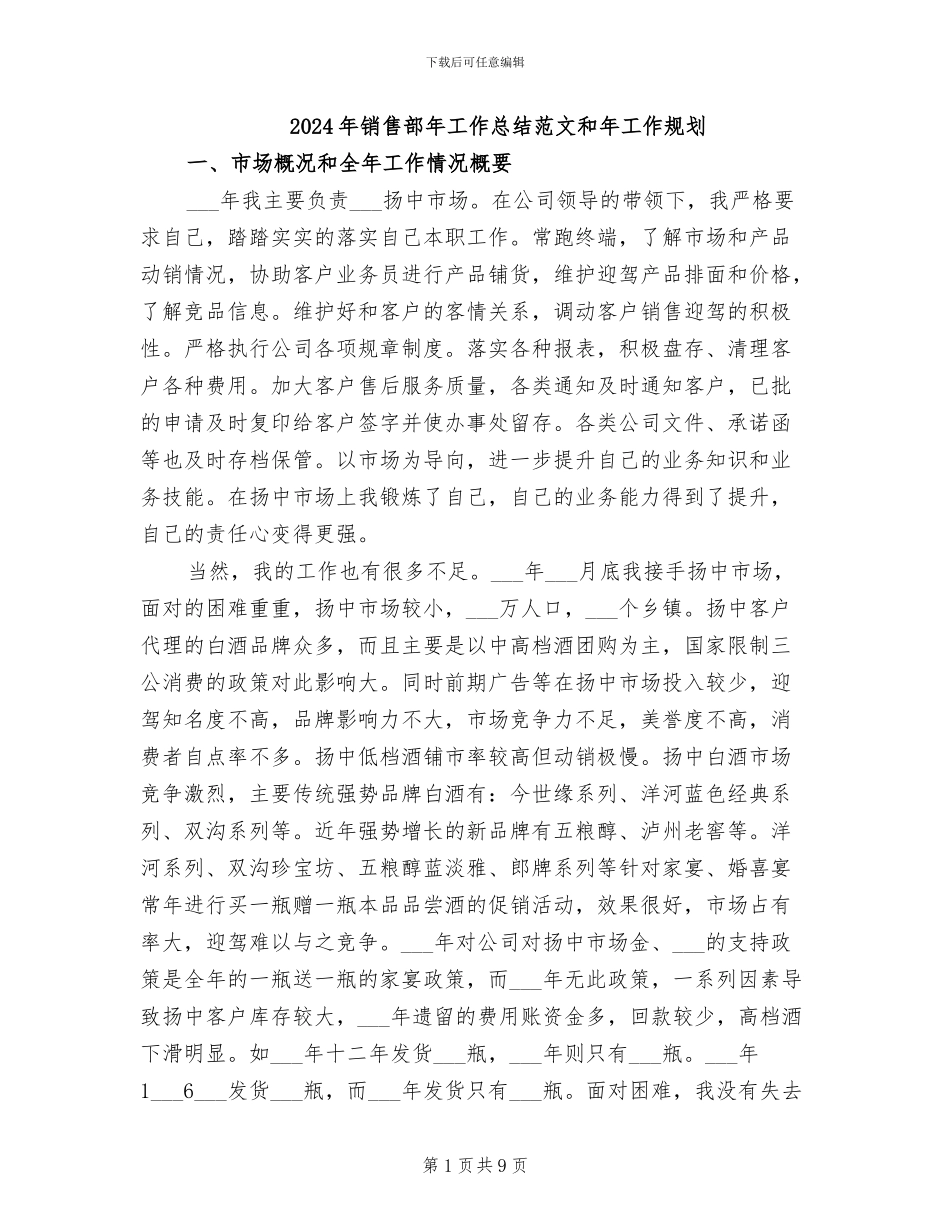 2024年销售部年工作总结范文和年工作规划_第1页